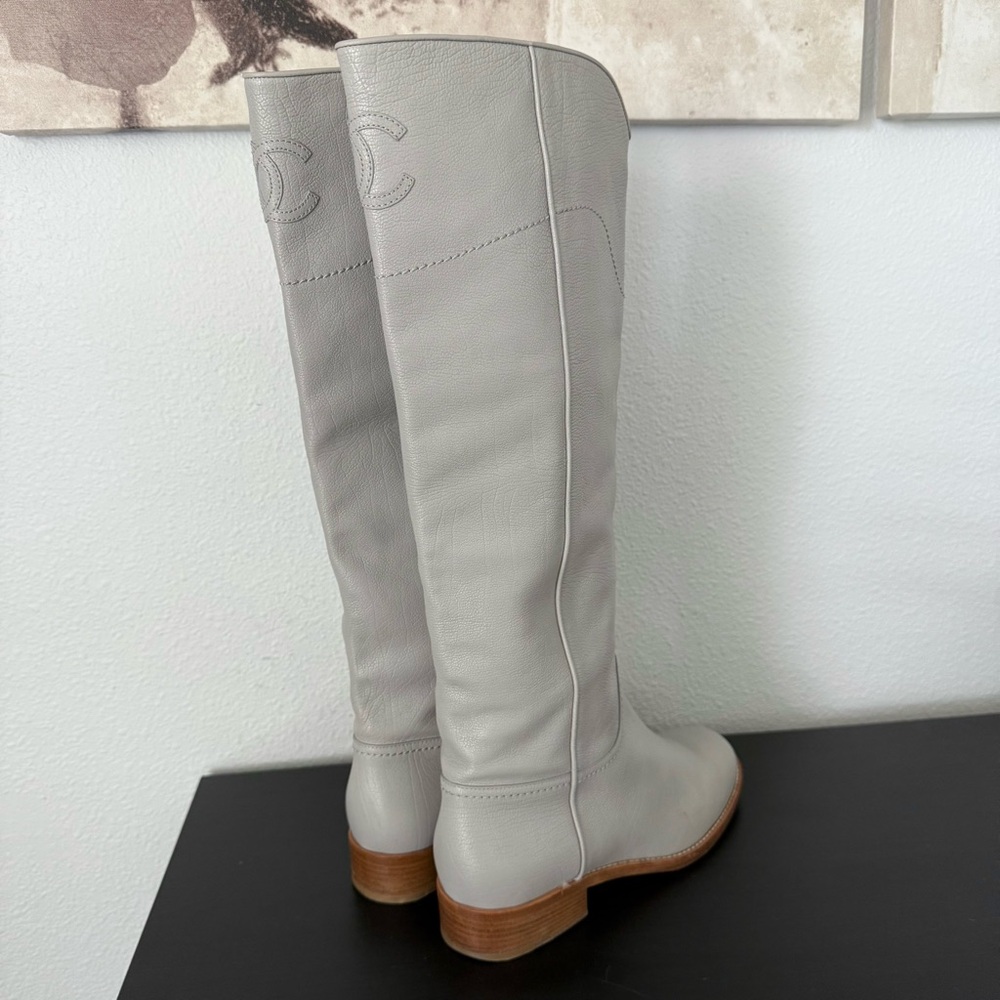 CHANEL Ascot Calfskin Leather Knee High CC Logo Riding Boots